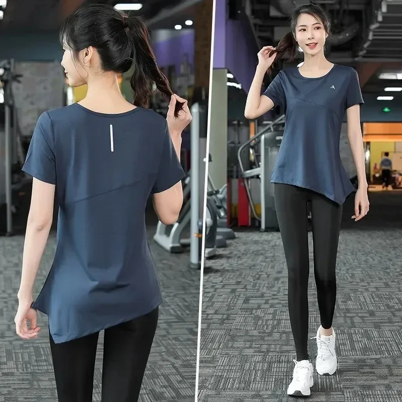 Professional sports short-sleeve t-shirts for women, fitness summer sports slimming, high elasticity, quick-dry yoga top.