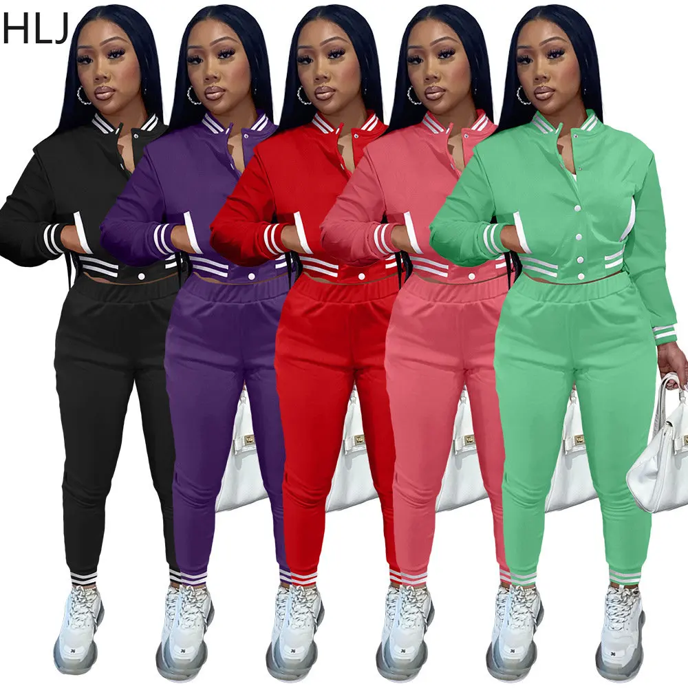 

HLJ Casual Baseball Jacket Tracksuits Women Solid Long Sleeve Coat + Jogger Pants Two Piece Set Spring New Matching 2pcs Outfits