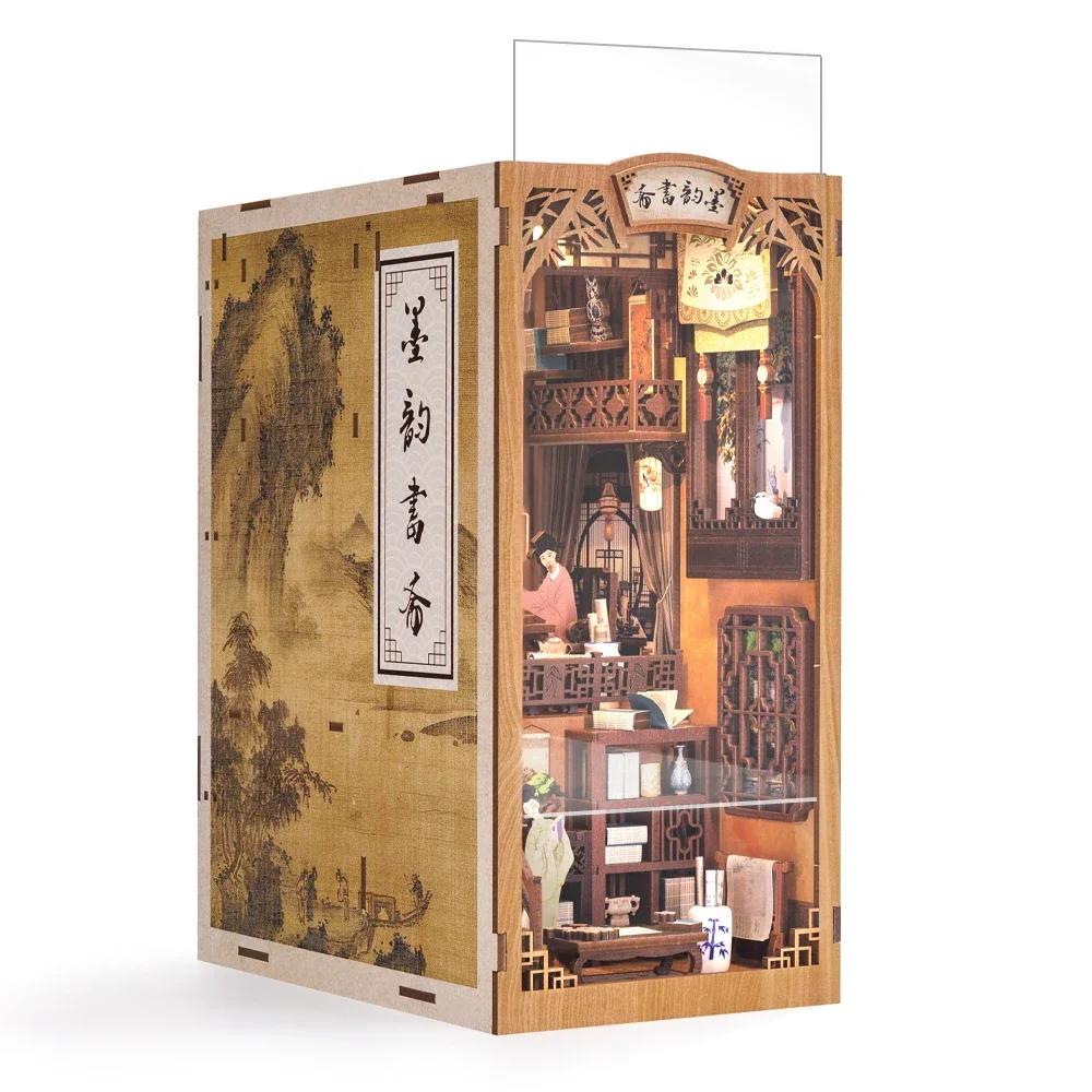 

Book Nook Dollhouse Kit With Touch Light Dust Cover DIY Miniature Doll House Toys For Birthday Gifts Ink Rhyme Bookstore