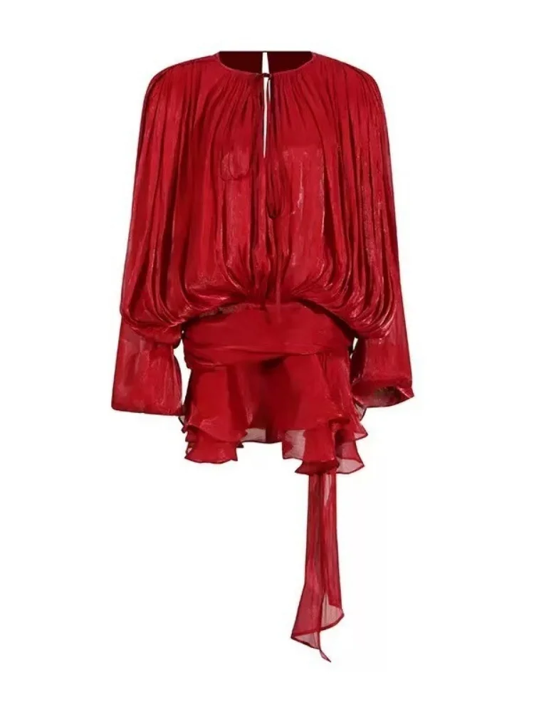 wmstar two piece set women whplesale 2025 French style cross border puffed sleeve ruffled skirt New pleated design short dress