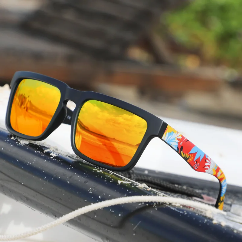 Klassische, quadratische, farbenfrohe, polarisierte Sport-Sonnenbrille – gemusterte Bügel, bequeme Passform zum Radfahren, Angeln, Strand und Freizeit – Detail 1