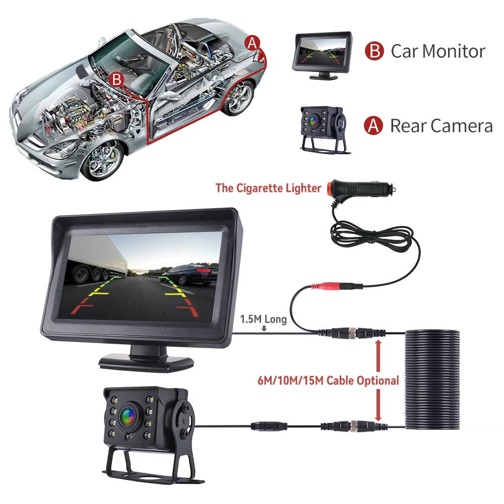 자동차 후방 카메라 모니터 포함 CCD HD, 4.3 인치 HD 스크린, LED 보안, 버스 트럭 주차 RV 트레일러용, 쉬운 설치