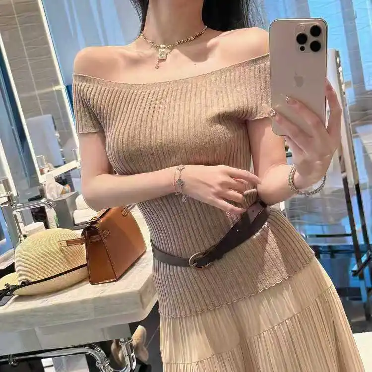 Gestricktes Sommer-Off-Shoulder-Top für Damen, elegantes Kurzarm-T-Shirt, koreanischer Stil, einfarbig, schmal geschnitten, lässige Basic-T-Shirts, Arbeitskleidung – Detail 6