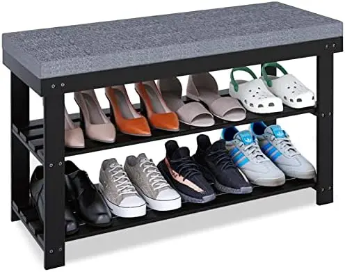 

Bench, 3-Tier Sturdy Bamboo Shoe Organizer with Cushion, Storage Shelf for Entryway, Hallway, Bedroom or Living Room, 34.26 x 11