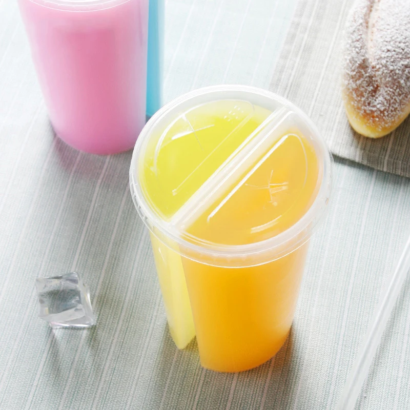 10Pcs 700ml Disposable Plastic Cups with Lids Double Grid Thicken Cup  Couple Sharing Drinking Cup for Bubble Tea Boba Smoothie