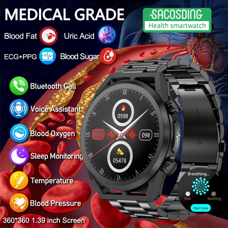 

ECG+PPG Uric Acid Non invasive Blood Glucose Smart Watch Men Bluetooth Call Blood Lipid Blood Oxygen Blood Pressure Smartwatch