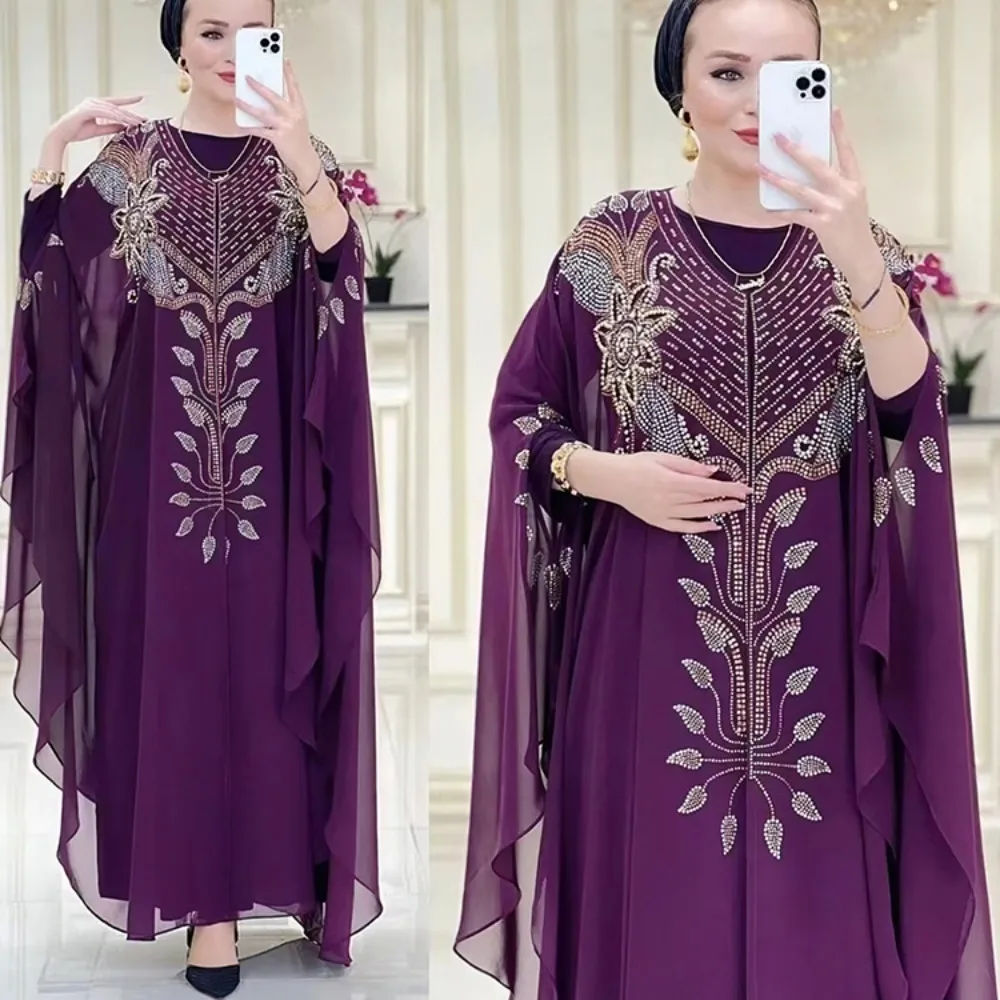 

Autumn Luxury Diamond Dress Abaya for Women Fashion Chiffon V-neck Long Sleeves Loose Robe Dress African Women