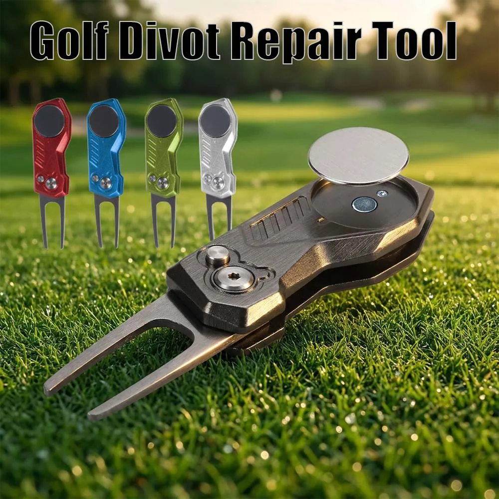 Professionelles Golf-Divot-Reparaturwerkzeug, faltbare Metall-Pitchgabel mit magnetischem Ballmarker, tragbares Putting-Green-Zubehör, Geschenk