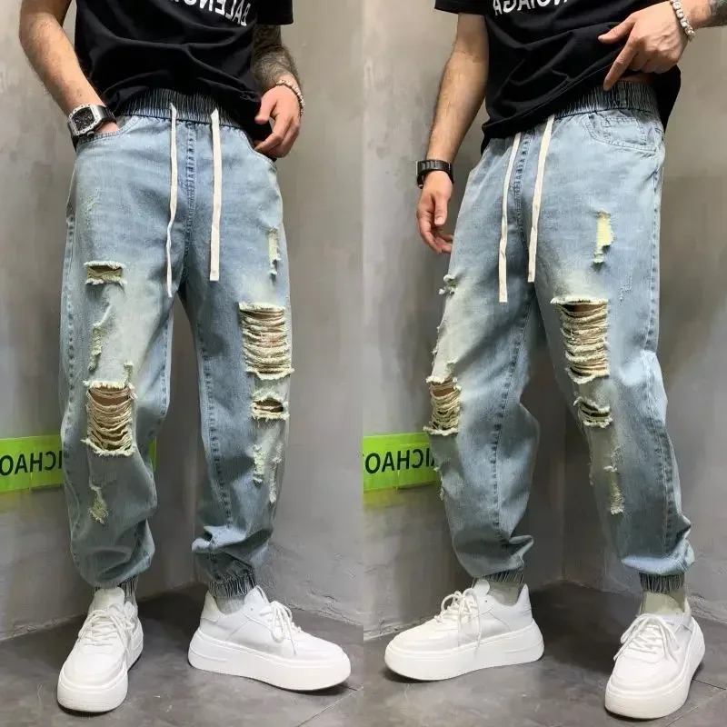 thumbnail image 1 of Pantalones Harem con Agujeros Jeans para Hombres Pantalones Vaqueros Rotos Masculinos Hip Hop Ropa de Algodón Desgarrada Tallas Grandes Y2k 2000s Baggy Xs, 1 of 5