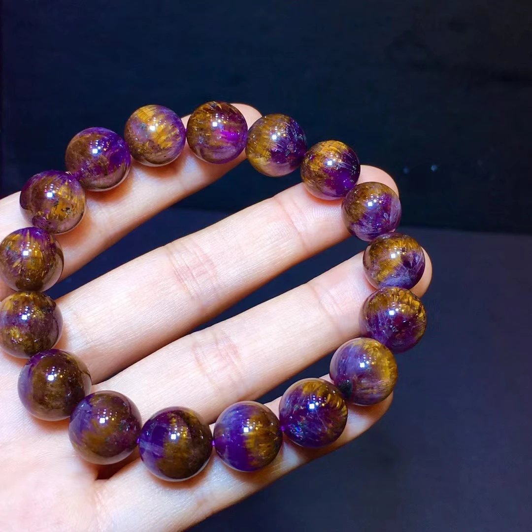 

Natural Cacoxenite Auralite 23 Purple Red Rutilated Quartz Bracelet 12.6mm Cat Eye Clear Round Beads Bangle Women Men AAAAAA