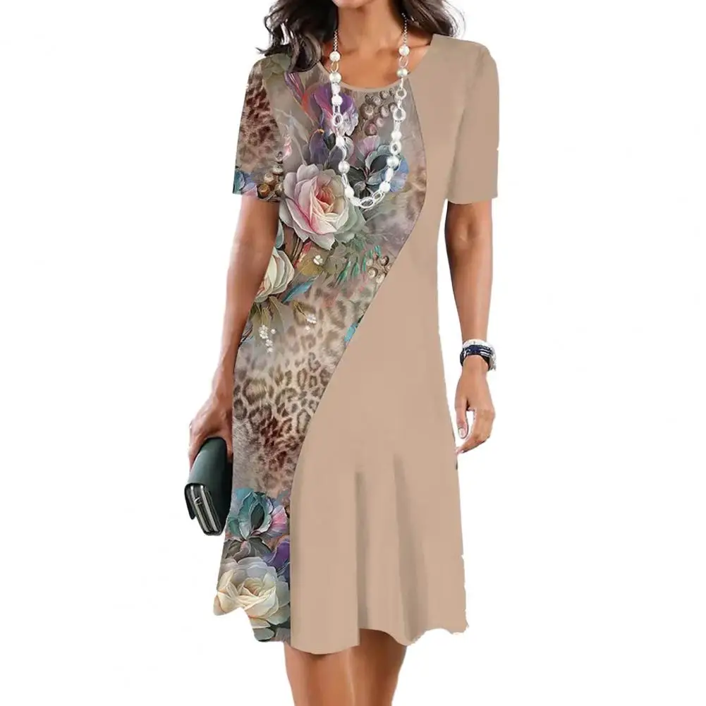 

Floral Print Dress Floral Print Gradient Midi Dress Soft A-line Knee Length Dress Breathable Round Neck Short Sleeve for Women