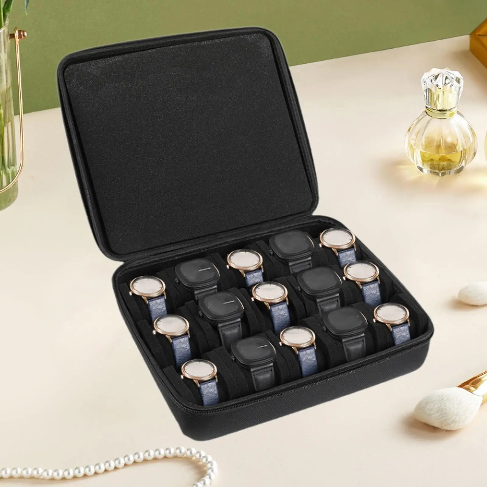 Horloĝskatolo, mansako, horloĝa konserva sako, vitra tenilo, horloĝa vojaĝujo, transportujo, horloĝa organizilo, ujo por brakhorloĝoj, sportoj Watch Box Handbag Watch Storage Bag Display Holder Watch Travel Case Carry Case Watch Organizer Case for Wristwatches Sports