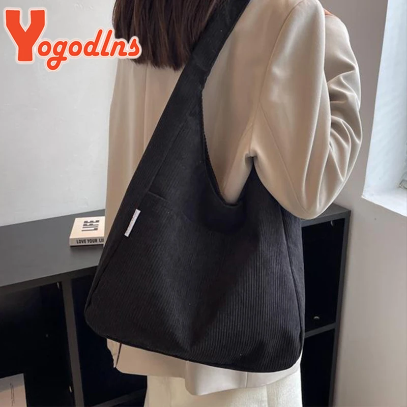 Yogodlns Casual Corduroy Shoulder  Bag for Women Large Capacity Shopping Tote Autumn Winter Top-handle Bag Student Big Handbags