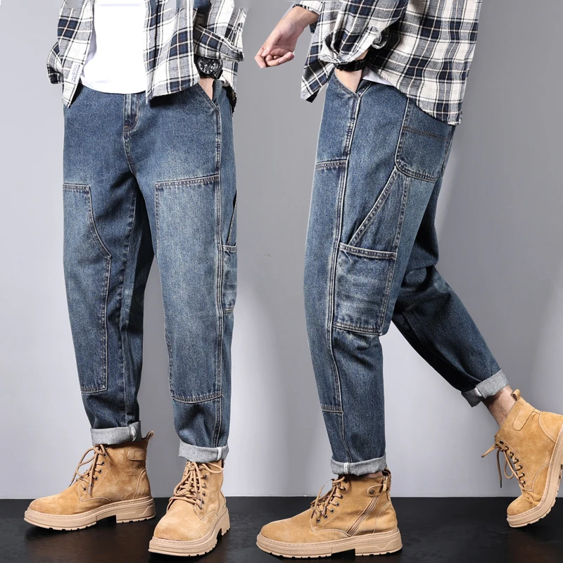 Jeans Men Baggy Cargo Pants Loose Fit Harem Pants Fashion Pockets Hip Hop Streetwear Denim Trousers Oversized Patchwork