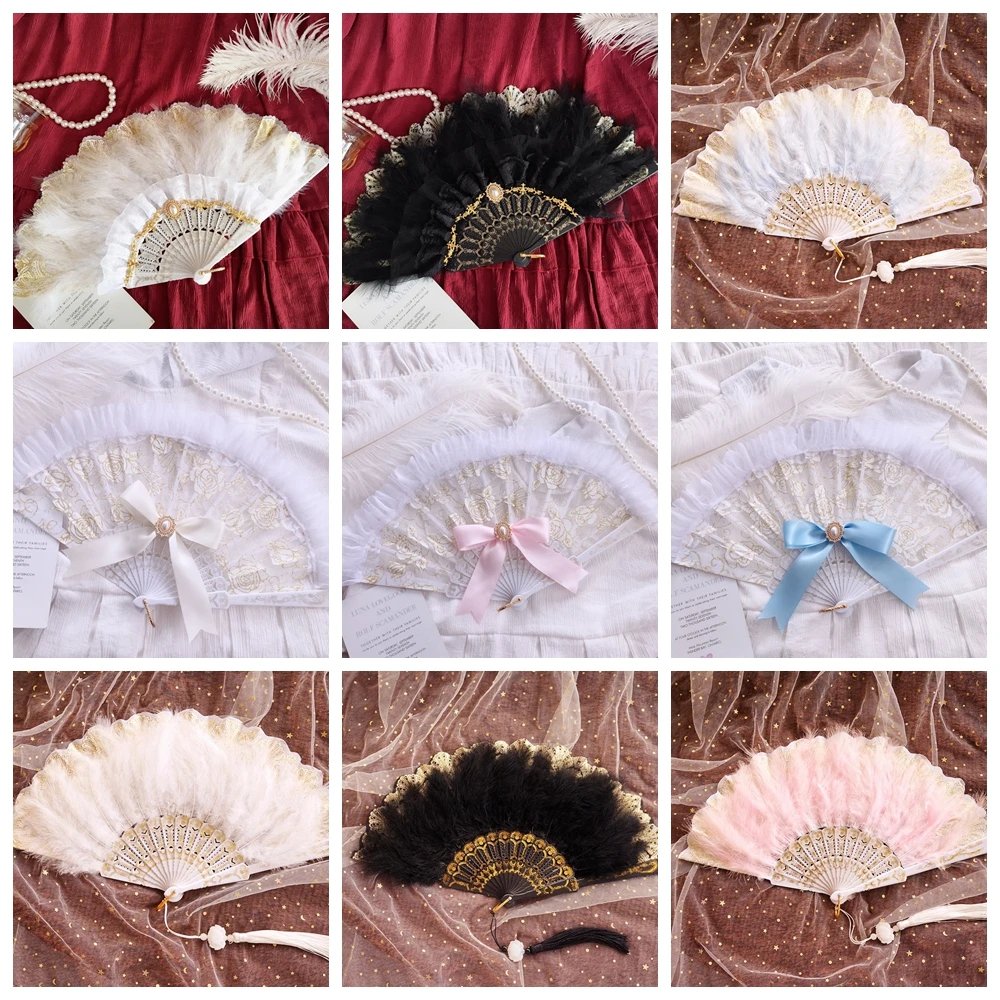 

Janpenese Sytle Lolita Feather Folding Fan With Bow Sweet Fairy Girl Dark Gothic Court Dance Hand Fan Cosplay Accessories