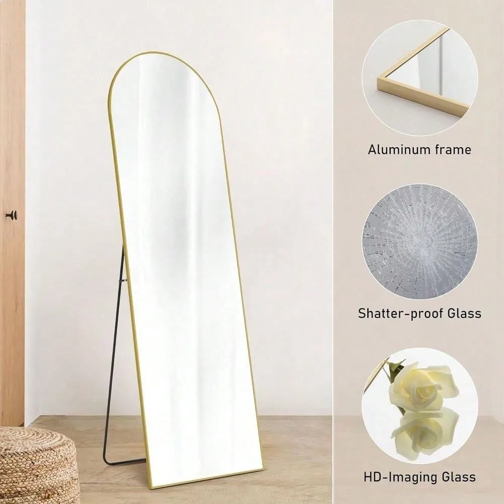 Gold Full Length Arched Mirror Stand Leaning Aluminum Frame Hanging Floor Mirror
