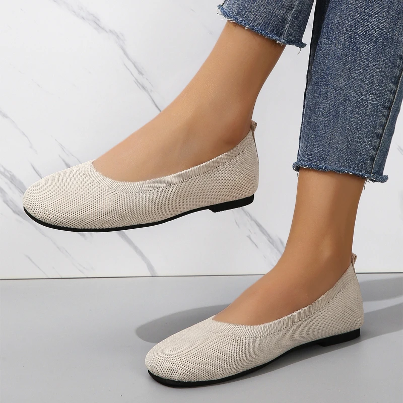 

Женские однотонные туфли большого размера, новинка 2023, однотонные вязаные дышащие Туфли с круглым носком и низким вырезом на плоской подошве для женщин