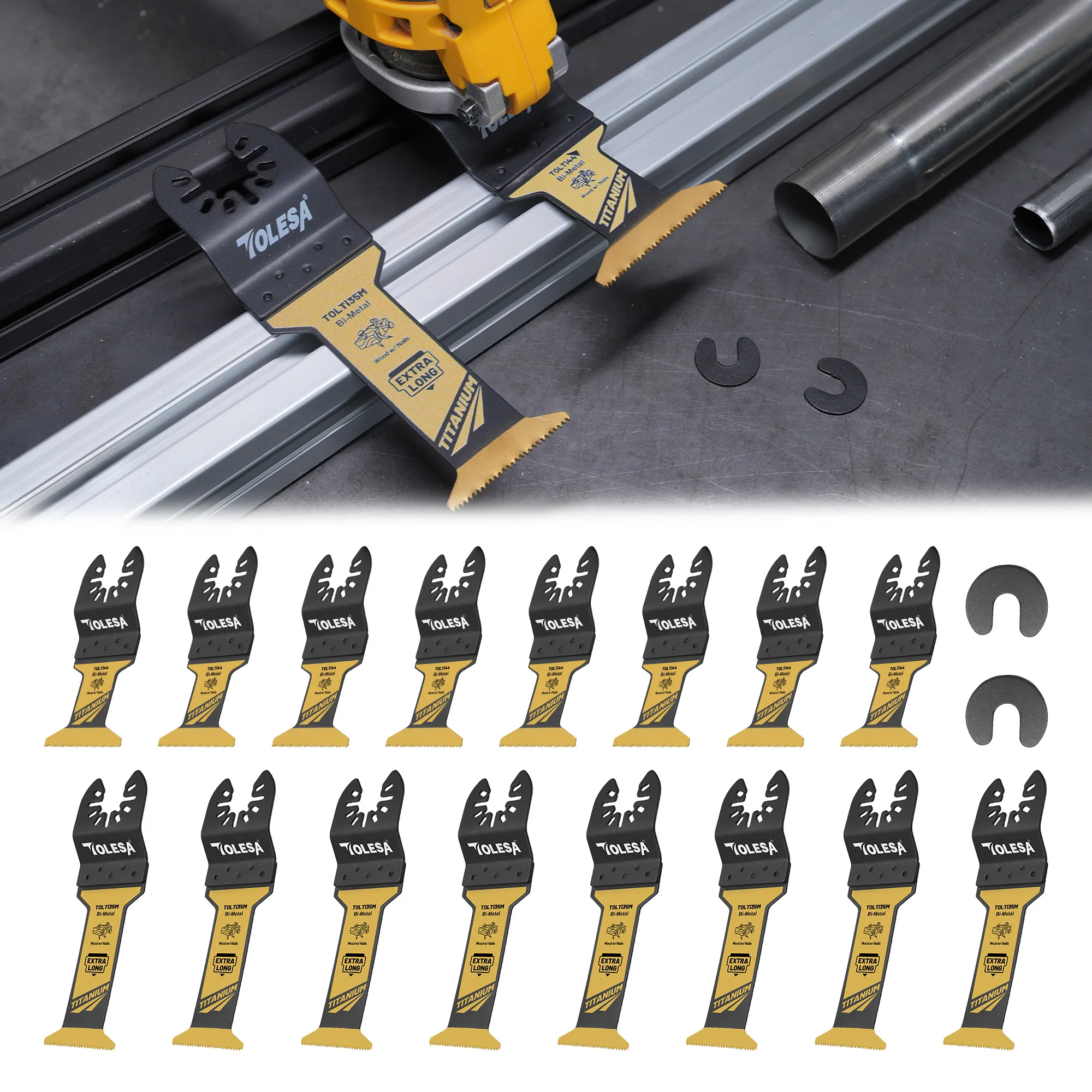 TOLESA 16-teiliges Extra-Langes Titan-Oszillierendes Sägeblatt-Set Mehrzweck für Metall, Holz, Kunststoff Universelles Bi-Metall-Sägeblatt