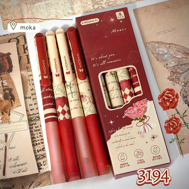 4 قطع من أقلام الجل الزهرية الرجعية، حبر أسود رفيع 0.5 مم |   أقلام كتابة سريعة الجفاف وسلسة قابلة للسحب للمدرسة والمكتب وKawaii S