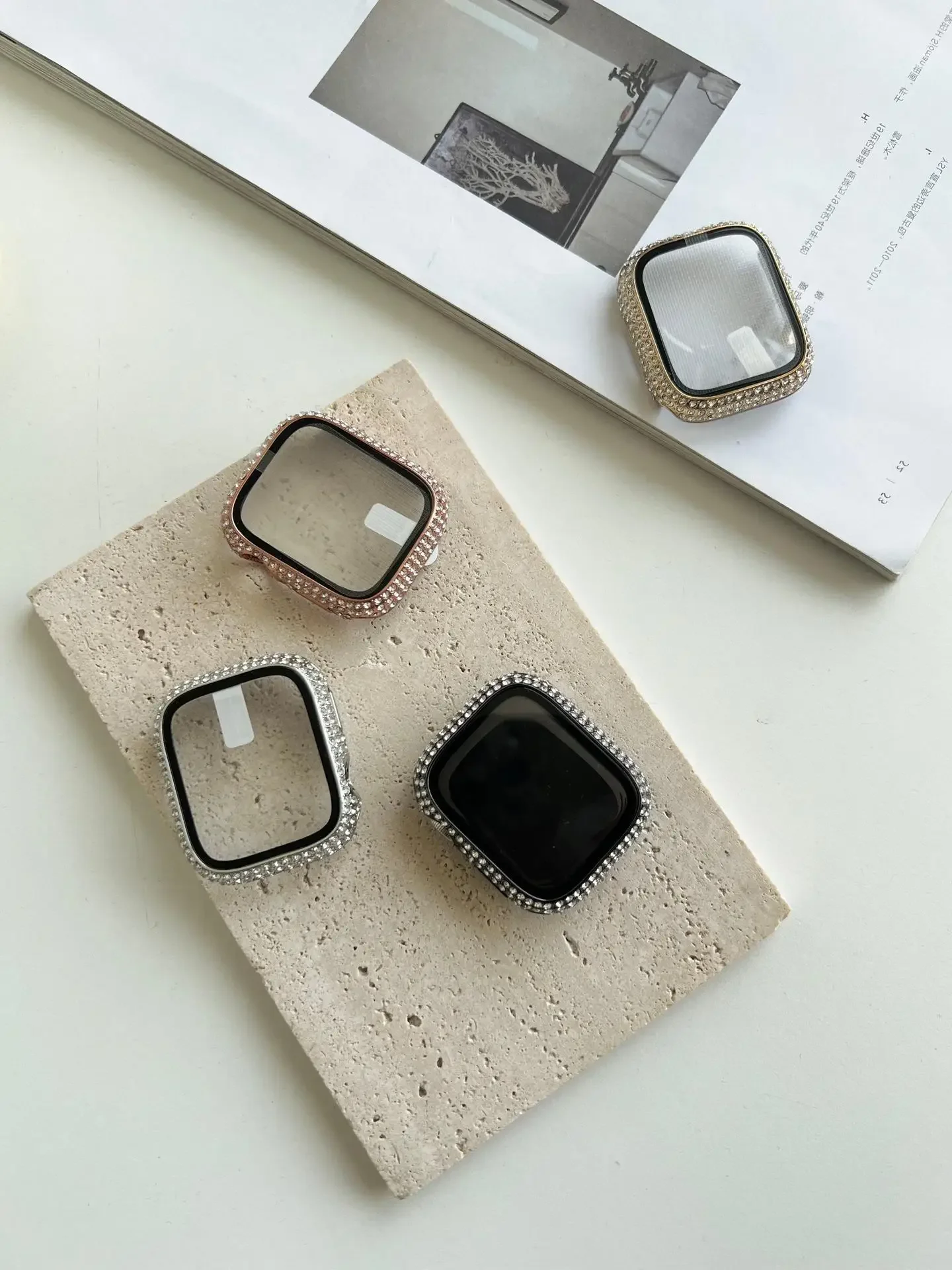 Rhinestone Decor Tempered Glass Screen Protector Watch Case For Apple Watch 38/40/41/42/44/45/46mm,Series SE/10/9/8/7/6/5/4/3/2