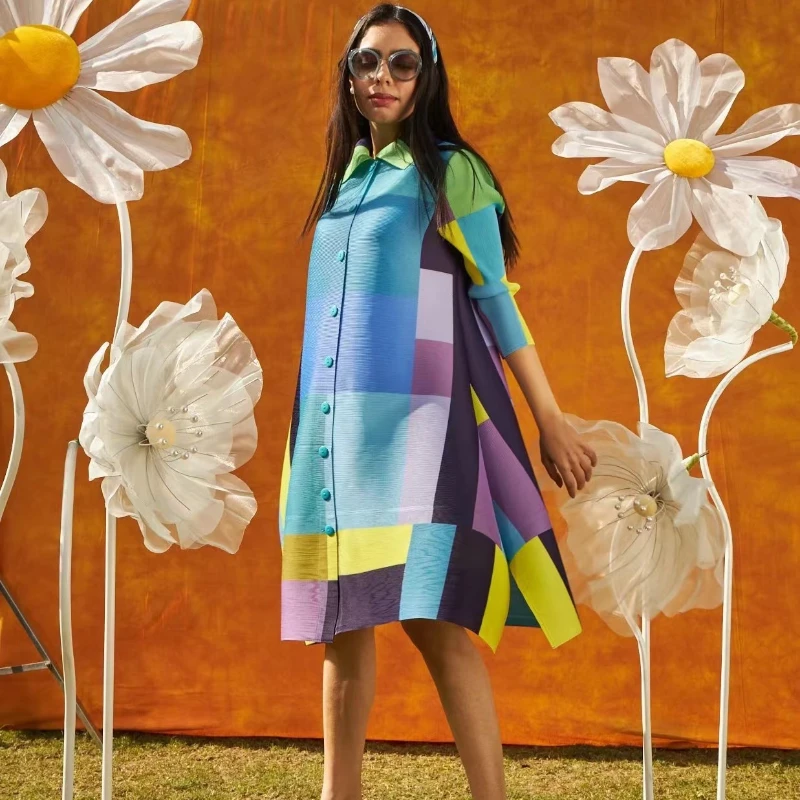 

Плиссированное модное высококачественное мини-платье YUDX Miyake, элегантное женское Повседневное платье, новинка 2023, женские платья с отложным воротником