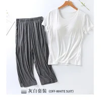 2026 summer new ladies modal pajamas two-piece suit with chest pad short-sleeved cropped trousers plus size home service set - Image 3