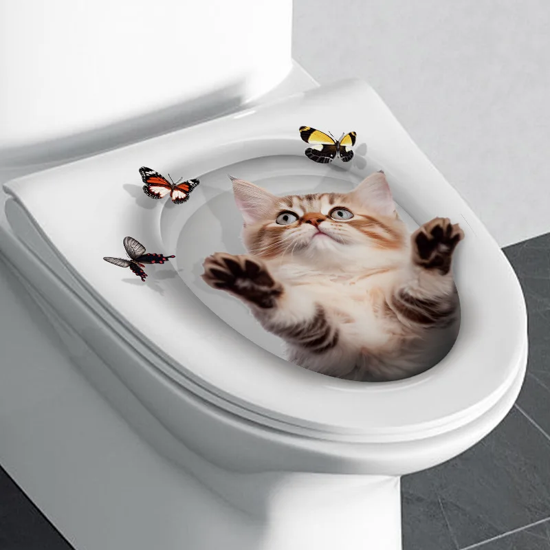 Bathroom Toilet Cover Sticker Funny 3D Cat Toilet Stickers DIY Water Resistant Wall Sticker Self-adhesive Toilet Seat Decals
