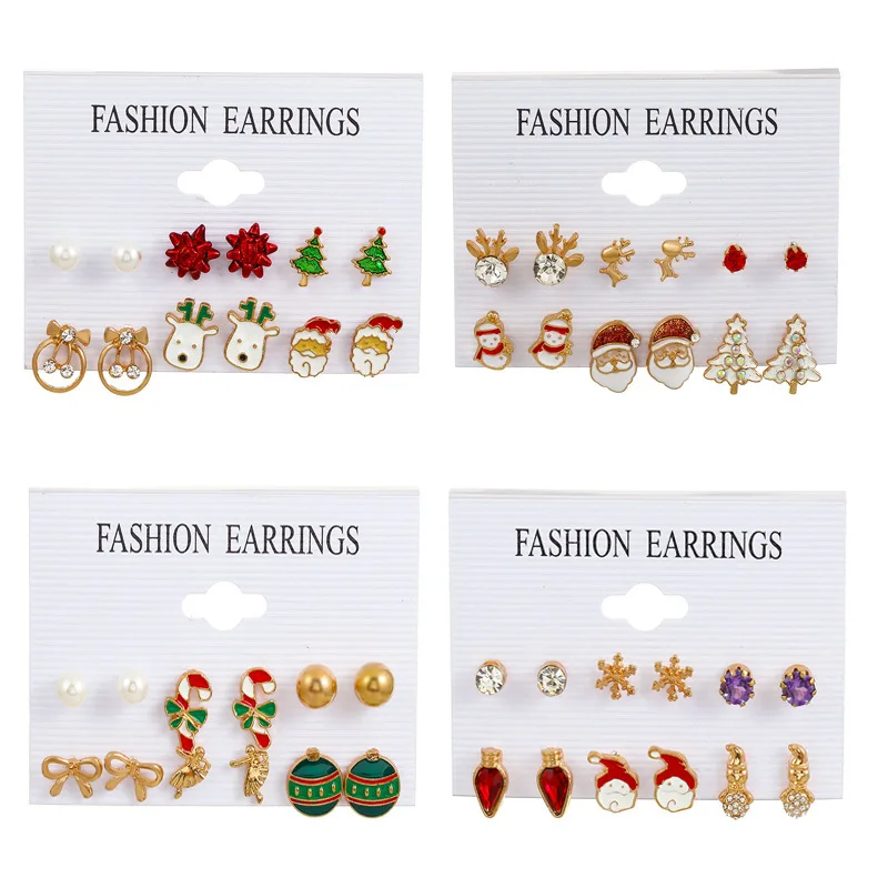 

6 pairs Christmas Stud Earrings For Women Small Xmas Tree Elk Snowman Santa Claus Earrings Set Cute Women's Girls Christmas Gift