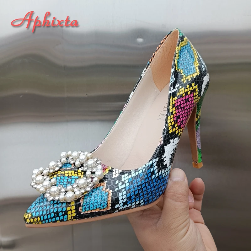 Aphixta 2025 New Pearl Buckle Pointed Toe 3.94 Inch Thin Heels Women Shoes Snake Prints Leather  Leisure Fashion Plus Size 46