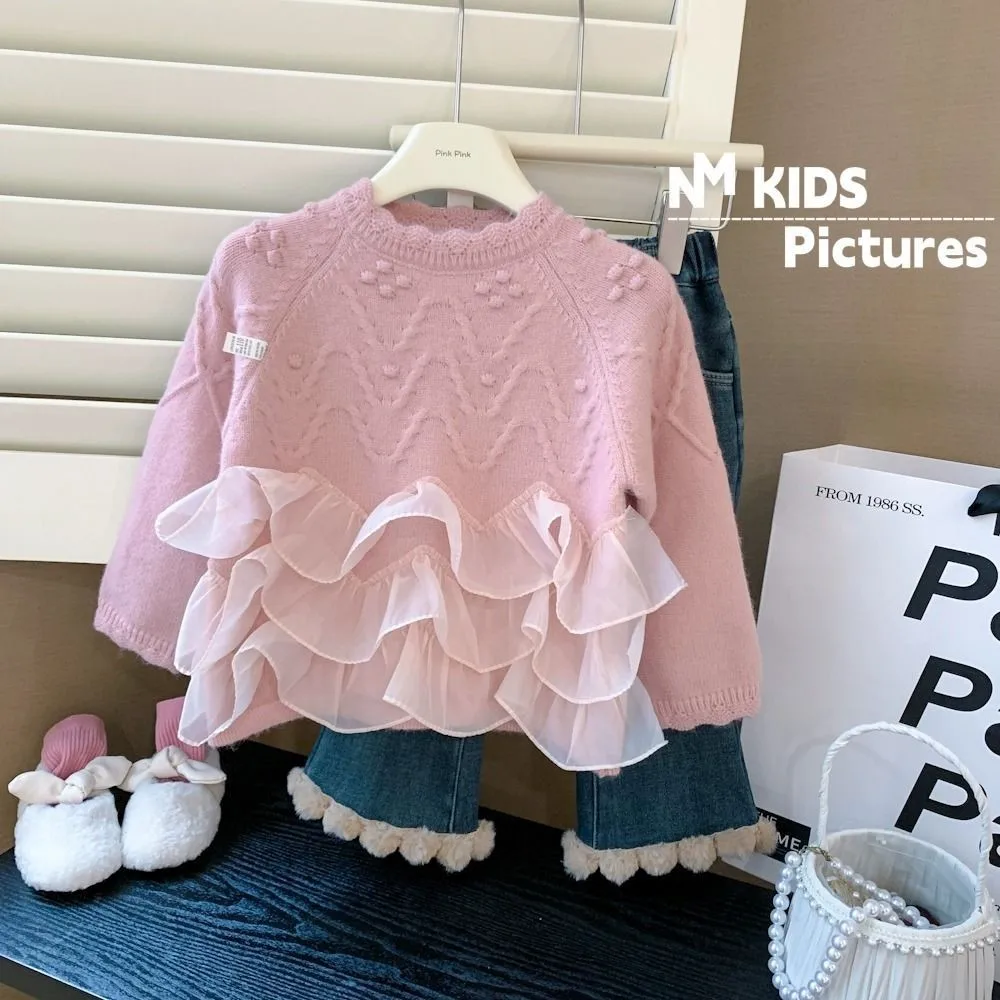 Baby Girls Winter Flower Sweater Clothes Autumn Clothing Children's Lace Panel Sweater Kids Sweaters