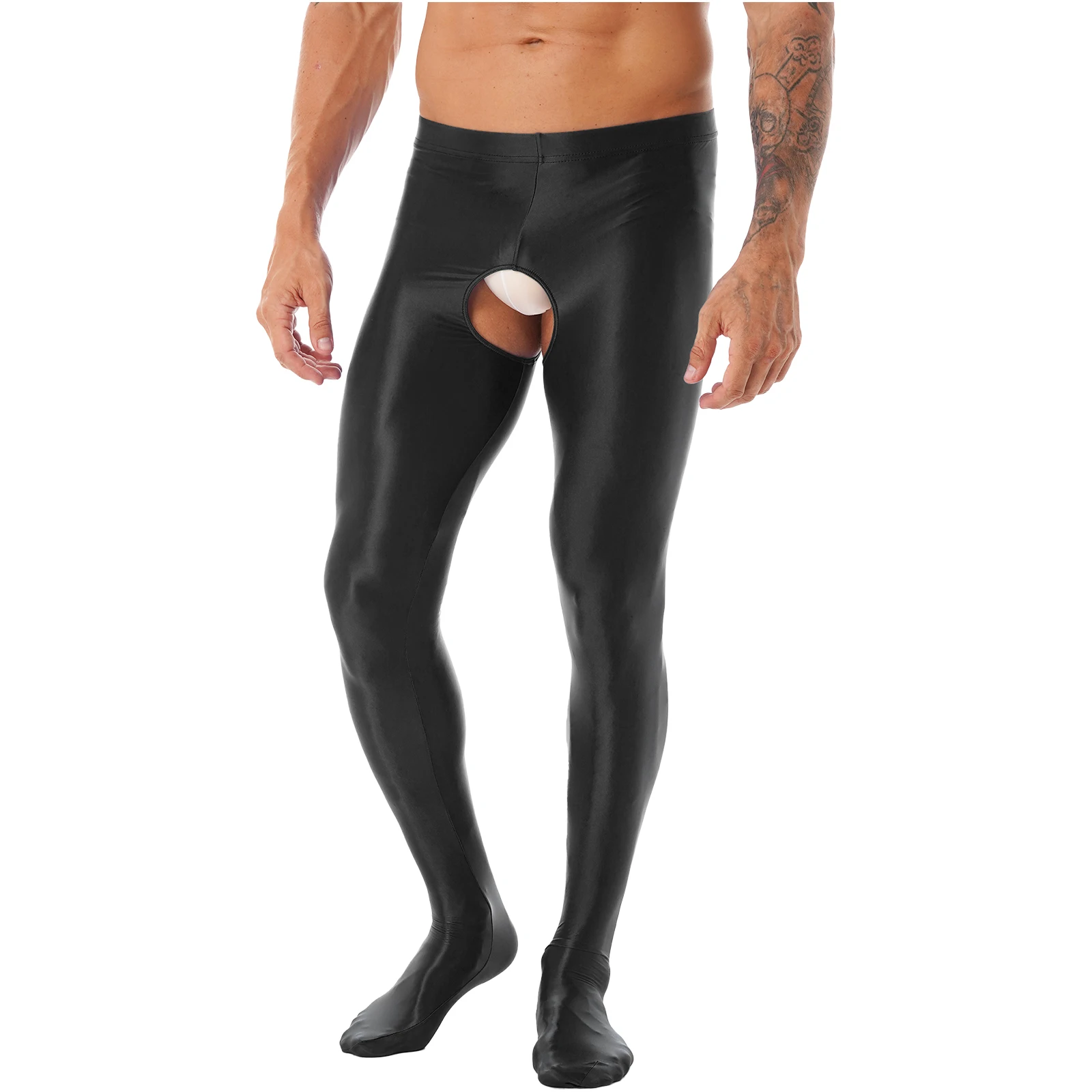 Mens Glossy Exotic Pants Crotchless Pantyhose High Waist Oil Shiny Tight Leggings Elastic Waistband Stockings Lingerie Nightwear