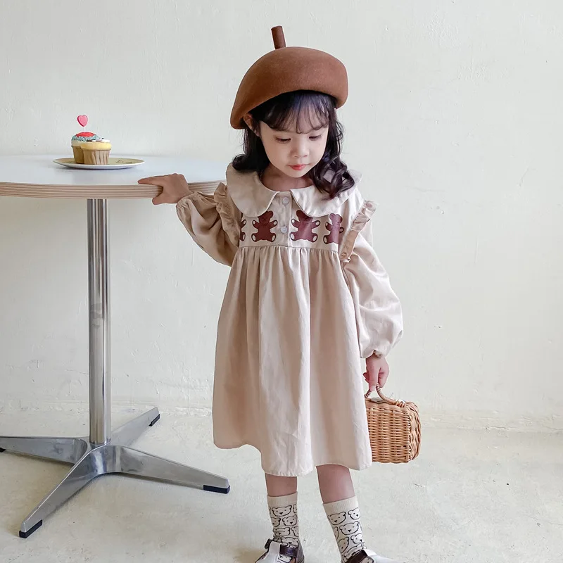 Kids Doll Collar Dress  Girls' Cartoon Bear Print Spring Autumn Korean Long-Sleeved Casual Loose Baby Girl Princess Dresses in Khaki