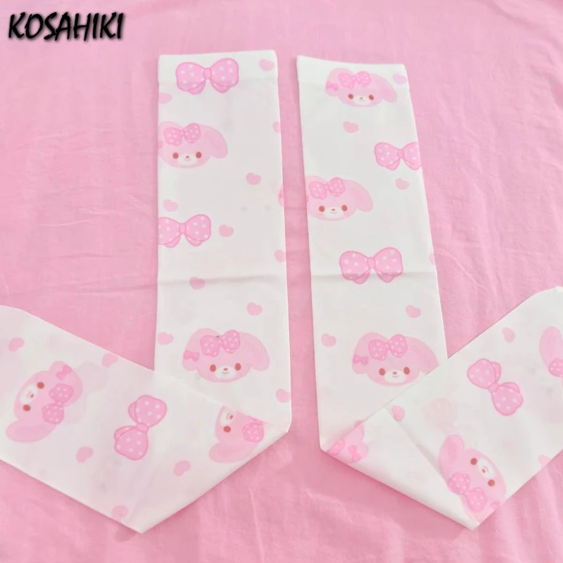 Japanese Pink Cartoon Printing Kawaii Cute Sock Women Y2k Aesthetic Long Leg Socks 2025 Summer Harajuku Grunge Knee Length