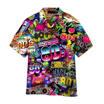 Full Printed Colorful Music Hawaiian Shirt Men Vintage Neon Beach Shirts Tops Summer Short Sleeves Plus Size Vacation Blouse