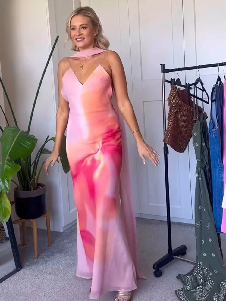 TFMLN Elegant Women Tie-dye Print Sling Dress With Scarf Holiday Style Sleeveless Long Evening Dress Female New Vacation Robes