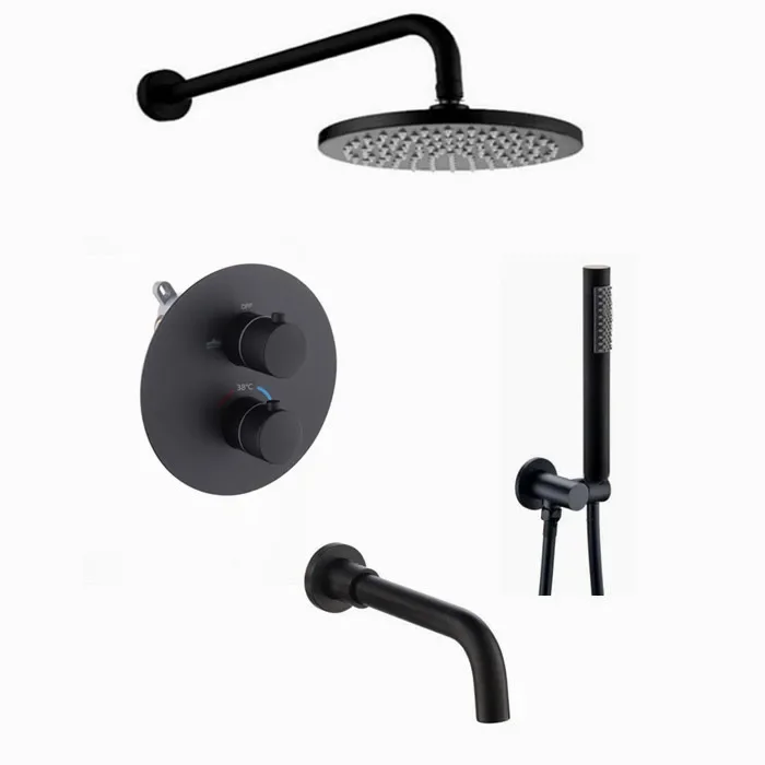 

Matt Black Thermostatic Bathroom Shower Faucet Brass Bath Shower Set Wall & Ceiling Mounted Round Rain Shower Head IS667