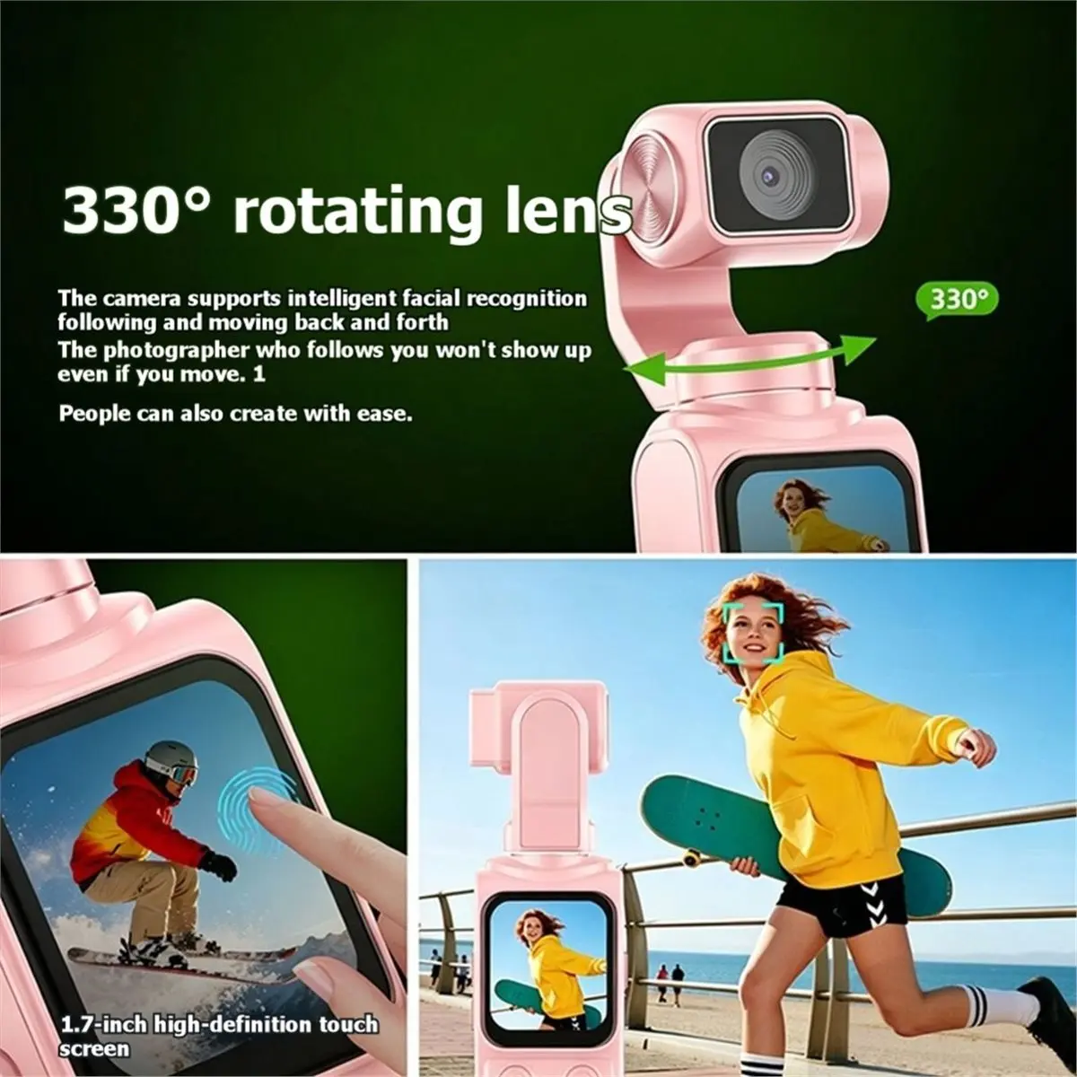 N05R 4K 스포츠 액션 카메라 포켓 짐벌 카메라 1.72인치 IPS 스크린 휴대용 DV 비디오 레코더 (자전거, 오토바이, 브이로그용)