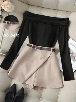 Women's Burgundy Off-Shoulder Long Sleeve Top & Black Skort Set, Elegant Boss Lady Style Slimming Two-Piece Outfit 1