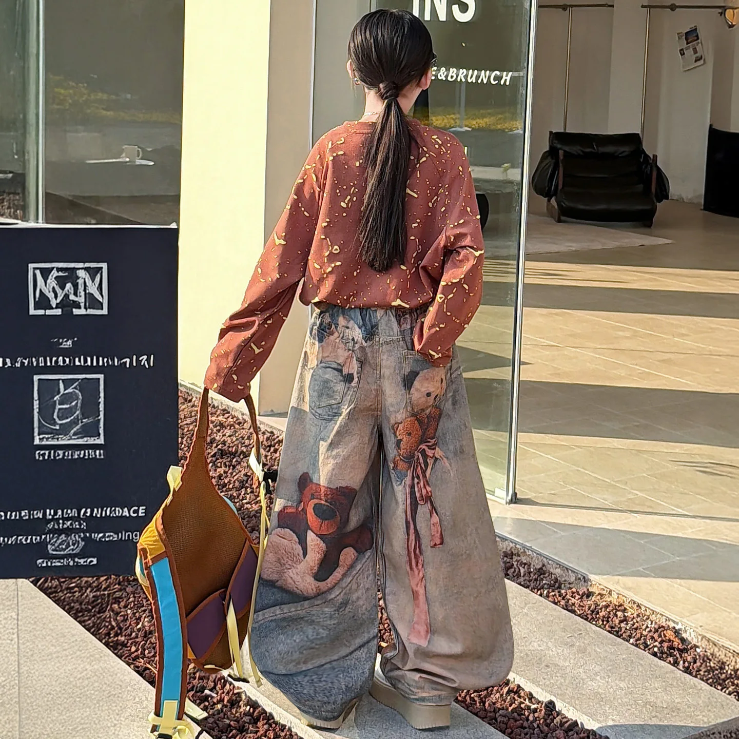 여자 와이드 레그 청바지 진주 포켓 캐주얼 데님 바지 한국 봄 가을 패션 십대 아동 바지 4-14세