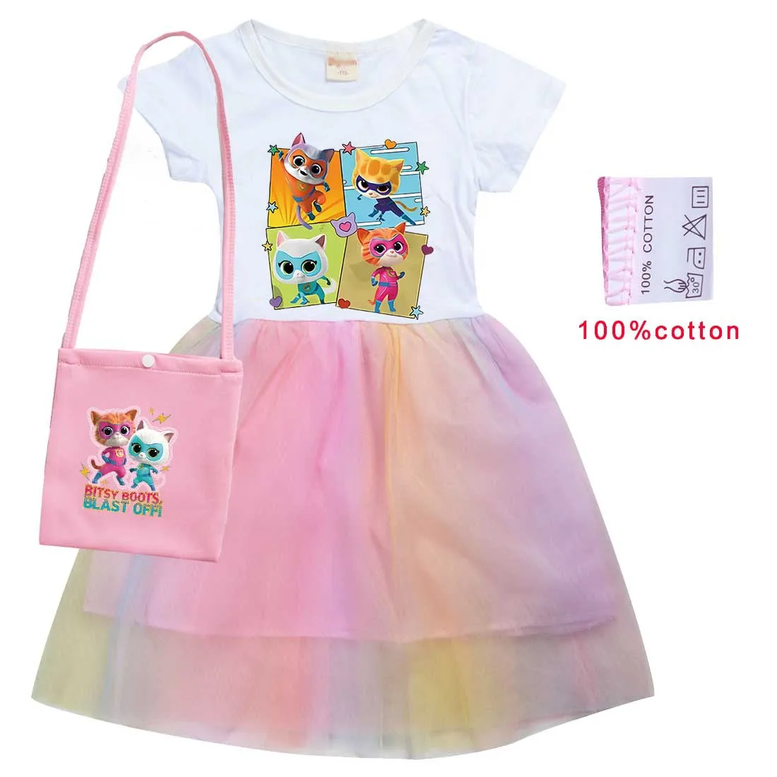 2023 New Summer Girls Dress Cotton Cartoon Superkitties Party Princess Dresses For 2-8 Years Girls Birthday Clothes Dress + Bag