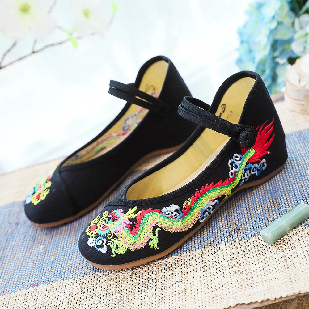 Women Cotton Ballet Flats Chinese Dragon Embroidery Breathable Driving Shoes