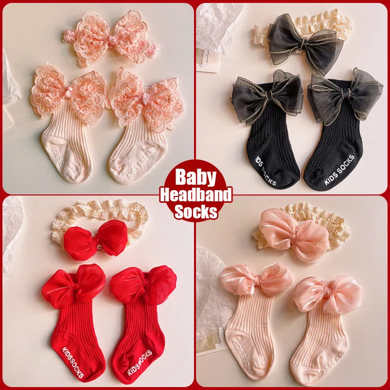 2pcs Bow Lace Baby Socks Newborn Cotton Baby Girls Sock Headband Cute Princess Style Toddler Socks Baby Accessories For Children 6