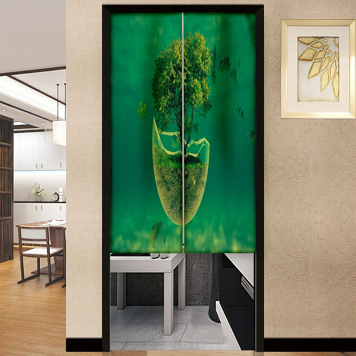 

Abstract Green Tree Door Curtain Japanese Style Doorway Curtains Hotel Room Izakaya Entrance Noren Privacy Hanging Half-Curtain