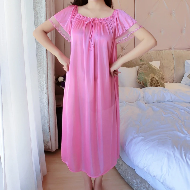 Women Night Gowns Sleepwear Lace Patchwork Nightwear Long Sleeping Dress Casual Ladies Home Dressing