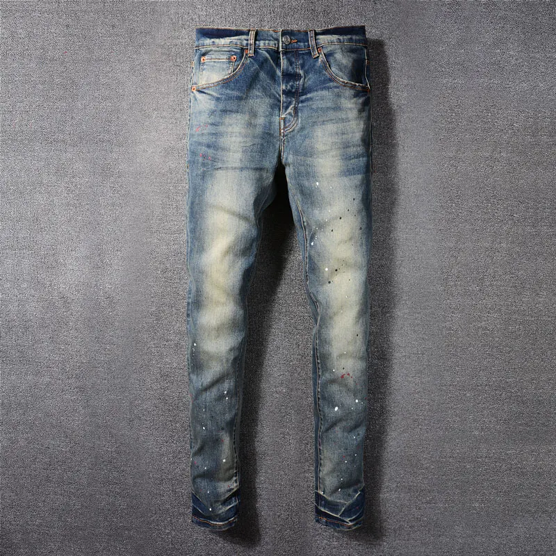 

High Street Fashion Men's Jeans Vintage Wash Blue Elastic Slim Fit Colored Split Jeans Designer Hip Hop Brand Pants Hombre