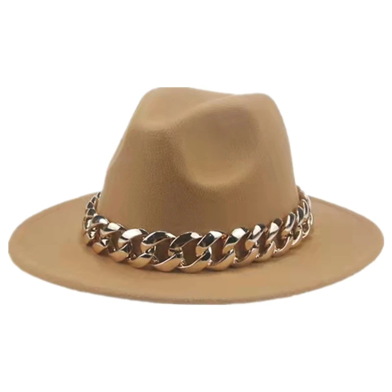 wool fedora Women Hat Luxury Wide Brim Thick Gold Chain fascinator Beige Hats for Men Women Panama Cowboy Hat Fedora Hats Sombrero Hombre white fedora