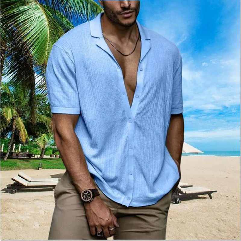 

New Summer Shirt For Men Casual Shirt Solid Color Turn-down Collar Soft Short Sleeve Beach Street Wear Handsome Tees Man Shirts