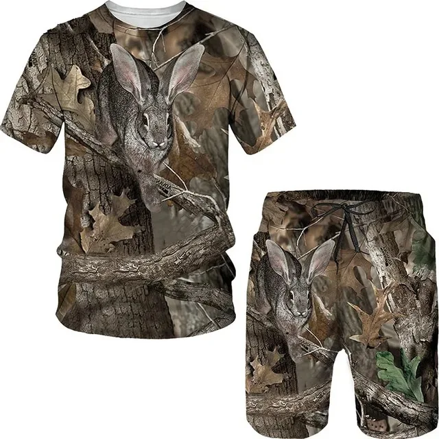 thumbnail image 1 of Conjunto de camiseta de caza con estampado 3D de camuflaje de jabalí, chándal elegante de cuello redondo para hombre, jersey de gran tamaño y pantalones cortos de playa, 1 of 5