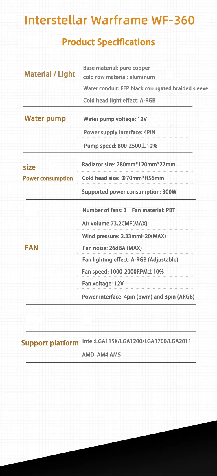 WF-360 CPU Cooler, 3 x 120 mm Water Cooling Radiator, PWM Pump, ARGB Fan, AMD AM