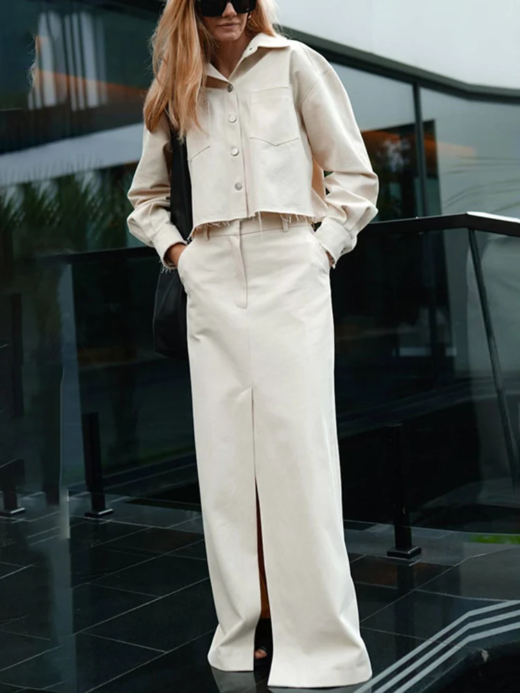 New Skirt Sets For Women Full Sleeve Shirt High waisted Split Long Skirt Two-Piece Solid Color Loose Lady Summer 2025 New